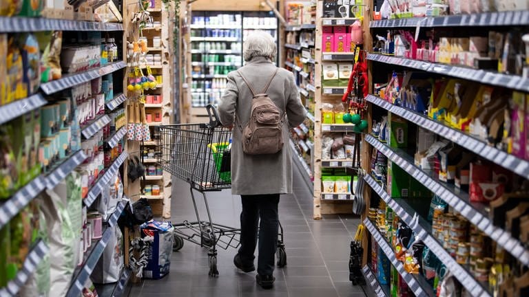 Ältere Frau von hinten gesehen schiebt einen Einkaufswagen an Supermarkt-Regalen vorbei. Preissteigerungen: Lebensmittel werden teurer