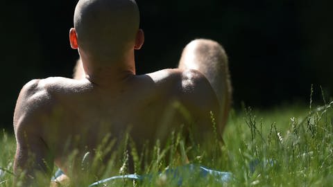 Ein junger Mann mit Glatze liegt auf einer sommerlichen Parkwiese. (Foto: dpa Bildfunk, Picture Alliance)