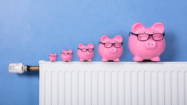 Fünf pinke Sparscheine mit Brillen stehen auf einem Heizkörper vor einer blauen Wand. Viele Anbieter bieten für Neukunden Gas und Strom wieder billiger an. Was müssen Verbraucher tun, um davon zu profitieren und den Anbieter zu wechseln?