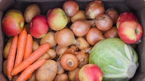 Heimisches Obst und Gemüse wie Kartoffeln, Zwiebeln, Kohl und Äpfel liegen in einem Korb