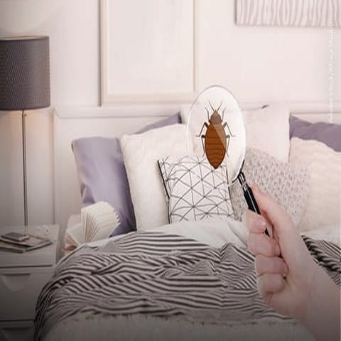 Bild von einem drappiertem Doppelbett, rechts im Bild ist eine Hand mit einer Lupe mit einem Piktogramm einer Bettwanze. 