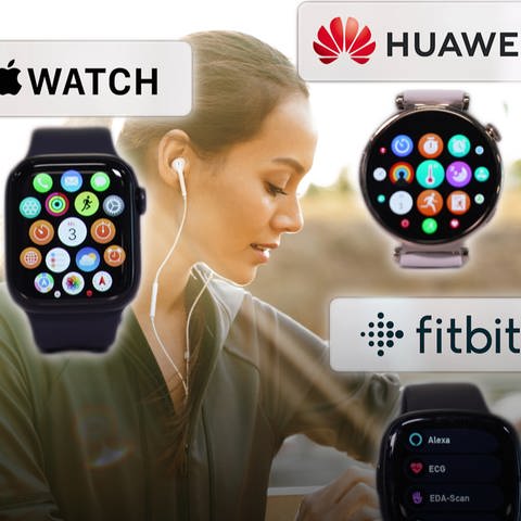 Junge Frau blickt auf Smartwatch an ihrem Handgelenk, um sie herum Uhren von Apple, Samsung, Huawei und Fitbit