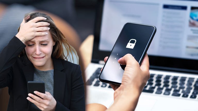 Junge Frau blickt verzweifelt auf ihr Handy. Neue Phishing-Masche: Betrüger geben sich als Bankmitarbeiter aus. (Foto: Colourbox)