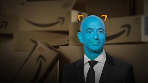 Ein blauer Jeff Bezos mit Teufelshörnchen vor Amazon-Paketen. Hat der Online-Gigant Amazon zu viel Macht?