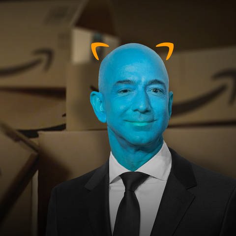 Ein blauer Jeff Bezos mit Teufelshörnchen vor Amazon-Paketen. Hat der Online-Gigant Amazon zu viel Macht?