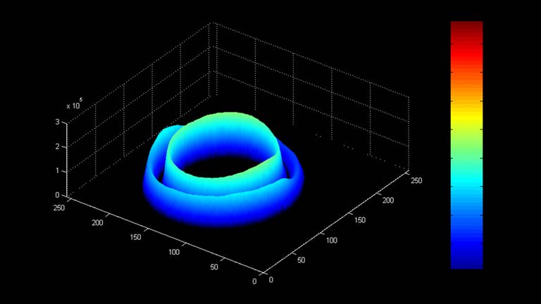 Kernspin-Aufnahme einer Rigatoni-Nudel zu Beginn der Kochzeit. Es sind zwei blaue Ränder zu erkennen, dazwischen noch eine Lücke.  (Foto: Max-Planck-Institut)