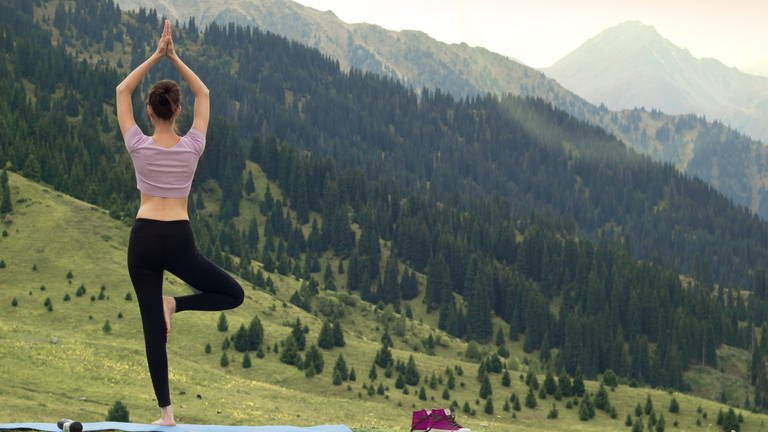 Junge Frau in Leggins und kurzem Oberteil Steht in der Yoga-Position des Baumes vor Bergpanorama. Wie kann Yoga der Gesundheit helfen? (Foto: Adobe Stock, Adobe Stock | Roman)