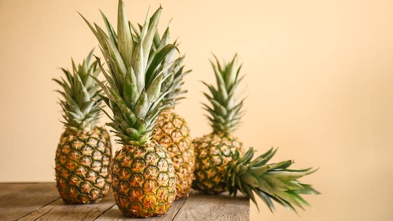 Fünf ungeschälte, reife Ananas auf einem Tisch. Ananas enthält neben Vitamin C auch gesunde Mineralstoffe, Magnesium, Eisen und Zink. Hilft das Superfood Obst auch beim Abnehmen? (Foto: Adobe Stock, Pixel-Shot)
