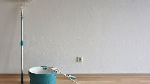Rarbrolle, Eimer und Pinsel stehen vor einer mit Raufaser tapezierten weißen Wand. (Foto: Colourbox)