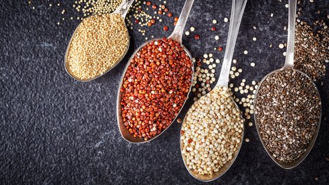Die Superfoods Amaranth, dunkler und heller Quinoa und Chiasamen liegen auf Löffeln. (Foto: Colourbox, 12853178)