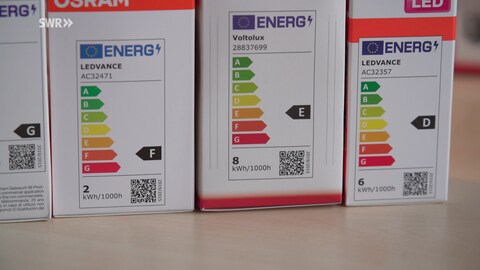 Die verschiedenen Energieeffizienzen der LED-Lampen sind auf den Verpackungen mit farbigen Balken abgebildet. (Foto: SWR)