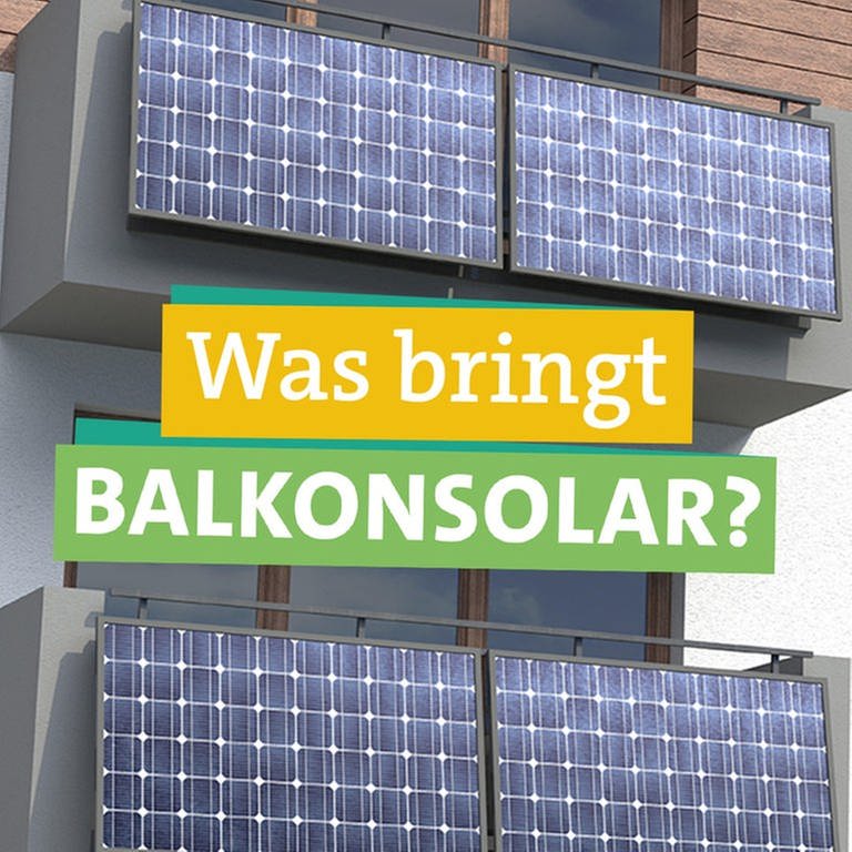 Im Hintergund sind zwei  Solarmodule an einem Balkon zu sehen, die ein Balkonkraftwerk bilden. Rechts im Bild greift sich Tobi nachdenklich an den Kopf. Links steht der Titel gelb und grün unterlegt: Was bringt Balkonsolar?