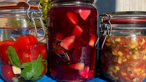 Zwei größere Drahtbügelgläser und ein Schraubglas stehen auf einem Tisch zum Fermentieren, jeweils gefüllt mit Tomaten, Rote Bete und einer Mango-Tomaten-Salsa. (Foto: SWR, Sabine Schütze)