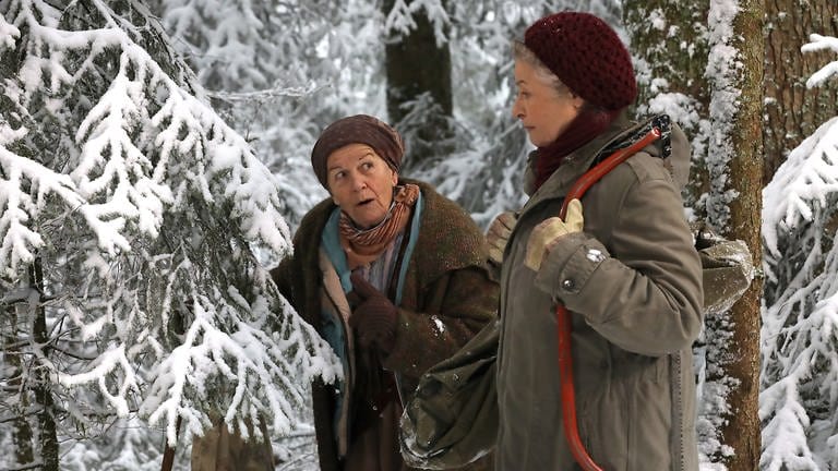 Lioba und Johanna, die eine Säge trägt, gemeinsam im verschneiten Wald (Foto: SWR, Johannes Krieg)