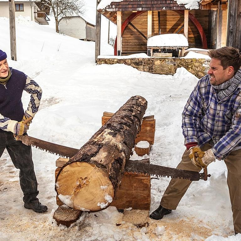 Toni und Andreas sägen einen Baumstamm durch, es liegt Schnee