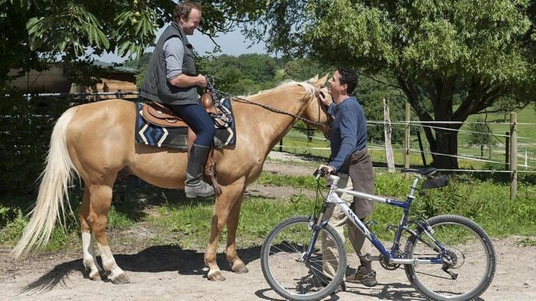 Bernd sitzt auf dem Pferd, begrüßt Matthias, der mit dem Fahrrad gekommen ist