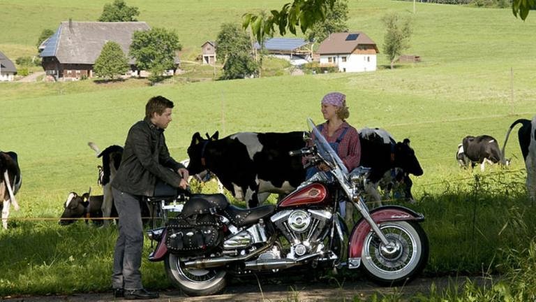 Andreas und Bea auf dem Gelände des Fallerhofes bei Andreas' Harley, im Hintergrund schwarzbunte Kühe (Foto: SWR, SWR/Schweigert -)