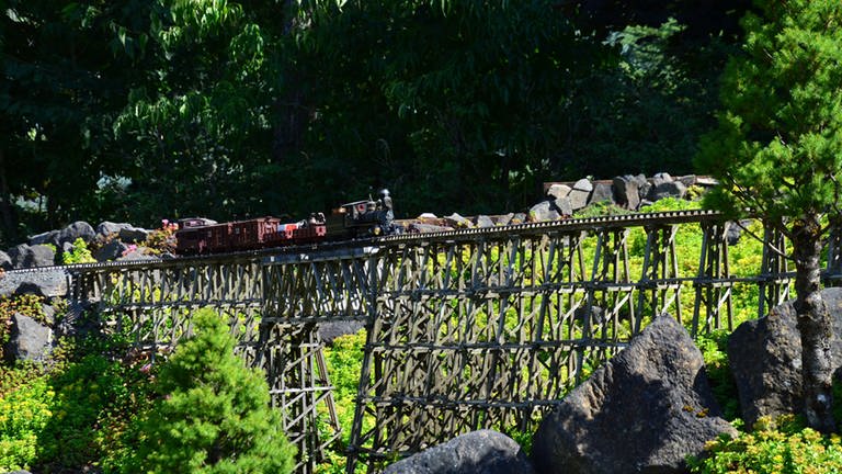 Eine gewaltige „Trestlebridge“ auf Gary Lees Baker and Grande Ronde Railroad. Die Holzbrücken sind für die USA typisch und wie das Original wirkt sie imposant und fragil zugleich.