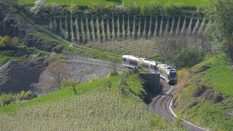 Die Vinschgaubahn schlängelt sich rund 70 Kilometer von Mals hinab nach Meran
