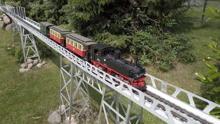 Das Titelmotiv: Eine sächsische Schmalspurlok vom Typ IVk fährt mit ihrem kurzen Zug über eine der mächtigen Brücken in Jürgen Meyers Garten. Die Modelle sind von LGB.