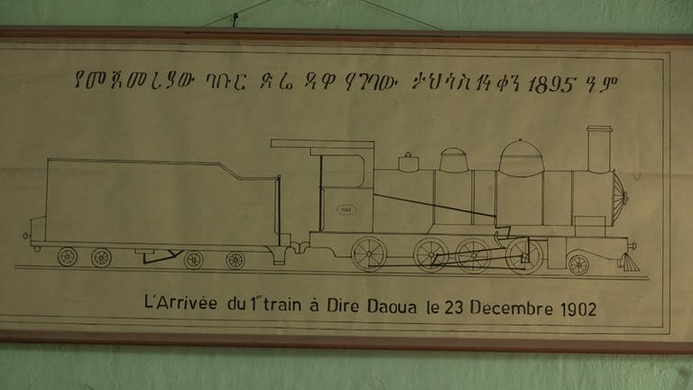 Wandbild einer Lok von 1902 in einem Bahnbüro.