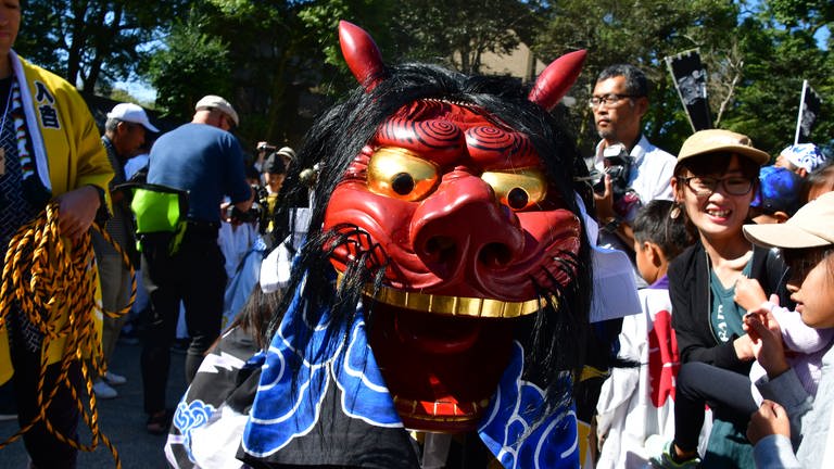 Die Löwen des Aoi Aso Schreins - sie treten beim berühmten Okunchi Festival in Hitoyoshi auf.