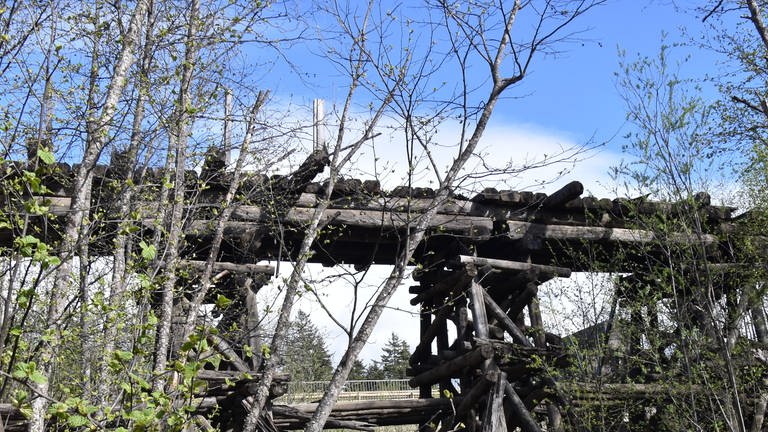 Eine alte Holzbrücke auf der Haupstrecke der Russischen Eisenbahngesellschaft