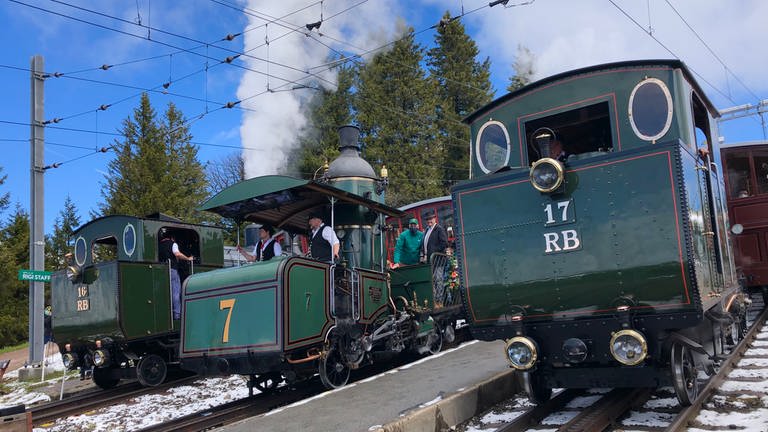 Das Parade-Motive schlechthin: Die drei Dampfloks der Rigi-Bahnen posieren mit Lok 7 in der Mitte vor der Abfahrt in Rigi Staffel. 