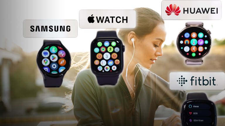 Junge Frau blickt auf Smartwatch an ihrem Handgelenk, um sie herum Uhren von Apple, Samsung, Huawei und Fitbit
